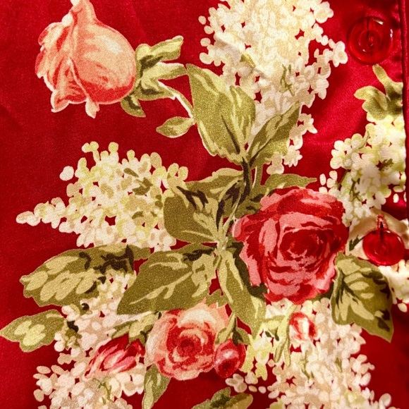 Oscar de la Renta Red Floral Long Sleeve Satin Button Up Blouse Top- Size Small - Picture 6 of 9